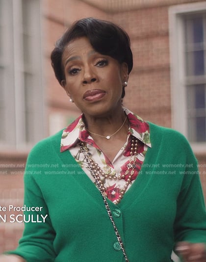 Barbara's rose print satin blouse on Abbott Elementary