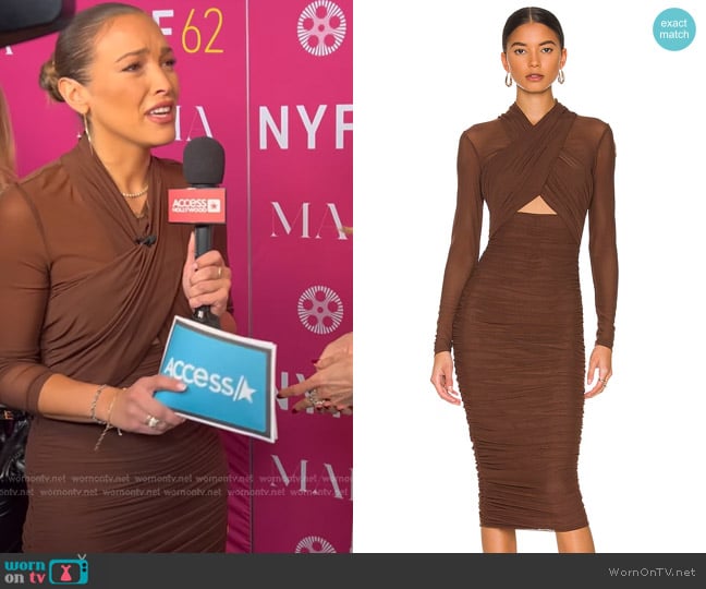 Bardot Aliyah Dress in Chocolate worn by Emily Orozco on Access Hollywood