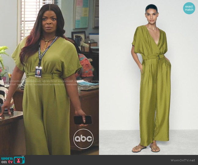 Zara Belted Wide Leg Jumpsuit in Olive Green worn by Ava Coleman (Janelle James) on Abbott Elementary