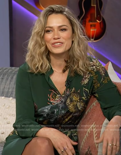 Bethany Joy Lenz's green floral print shirtdress on The Kelly Clarkson Show