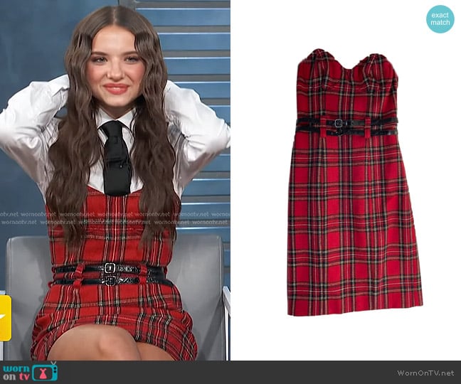 Betsey Johnson Tartan Double Belted Strapless Mini Dress worn by Madeleine McGraw on Access Hollywood