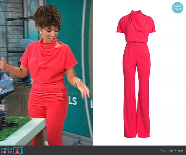 Black Halo Estella Jumpsuit in Hot Coral worn by Gabrielle Kerr on CBS Mornings