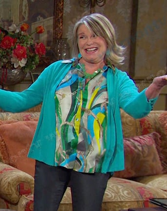 Bonnie’s green belt print blouse on Days of our Lives