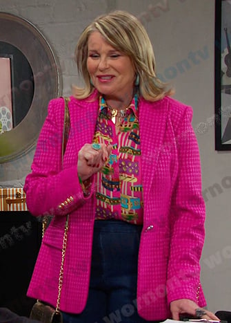 Bonnie's pink print blouse and houndstooth blazer on Days of our Lives