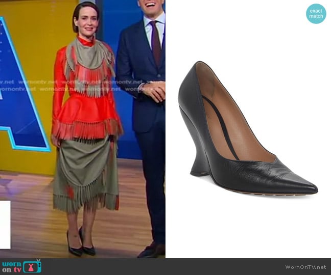 Bottega Veneta Punta Wedge Heel Pumps worn by Sarah Paulson on Good Morning America