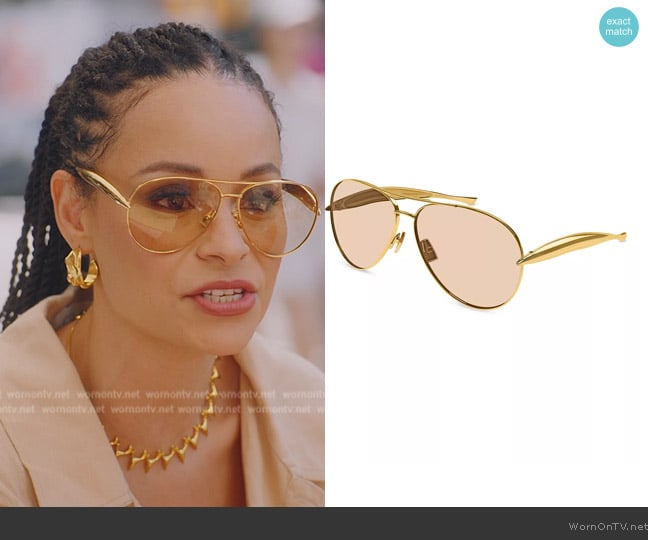 Bottega Veneta Sardine 64MM Pilot Sunglasses worn by Sai De Silva on The Real Housewives of New York City