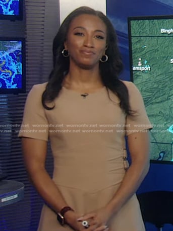 Brittany's beige buckle waist dress on Good Morning America