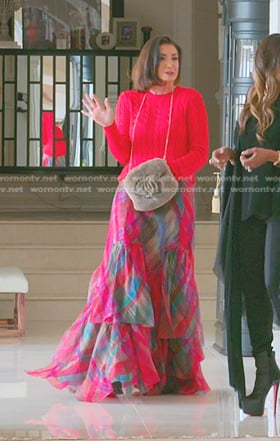 Bronwyn's red cable knit sweater and plaid maxi skirt on The Real Housewives of Salt Lake City