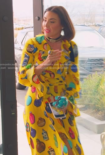 Bronwyn's yellow bottle print dress on The Real Housewives of Salt Lake City