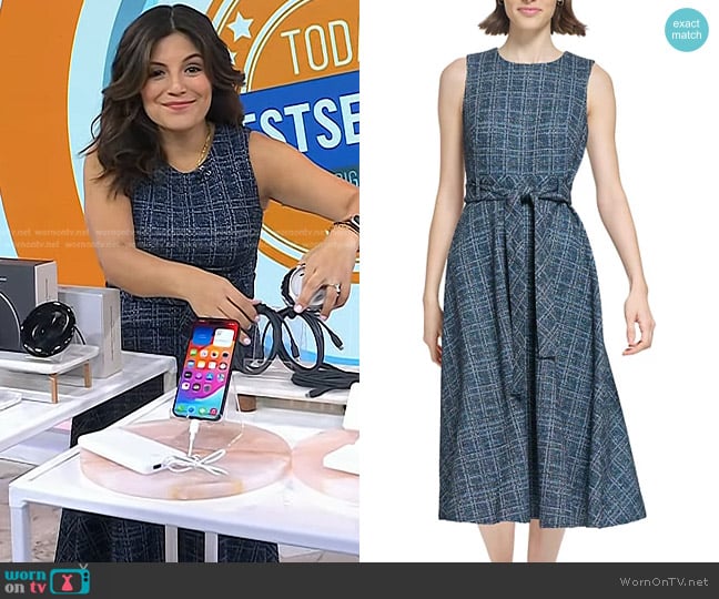 Calvin Klein Tweed Belted A-Line Dress in Posideon Multi worn by Adrianna Barrionuevo Brach on Today