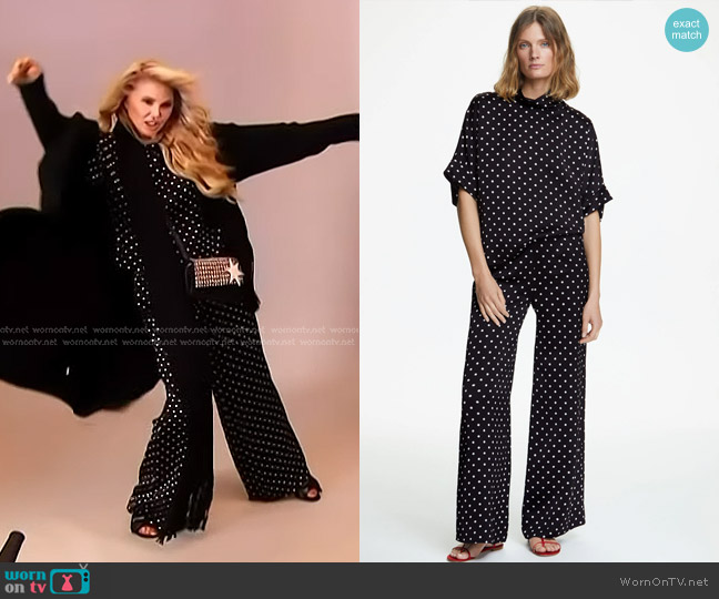 Carolina Herrera Satin Oversize Top ant Pants with polka dots worn by Christie Brinkley on Access Hollywood