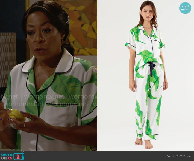 Carrie Dunham Green Banana Leaves Pajama Pants Set worn by Tina Butler (Tichina Arnold) on The Neighborhood