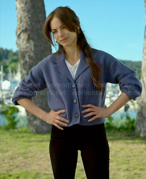 Cassandra's blue cardigan on Murder in a Small Town