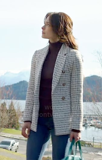 Cassandra's checked tweed blazer on Murder in a Small Town