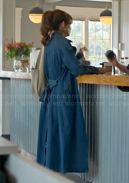 Cassandra's denim trench coat on Murder in a Small Town