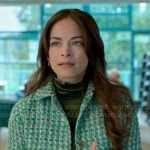 Cassandra’s green velvet top and tweed jacket on Murder in a Small Town