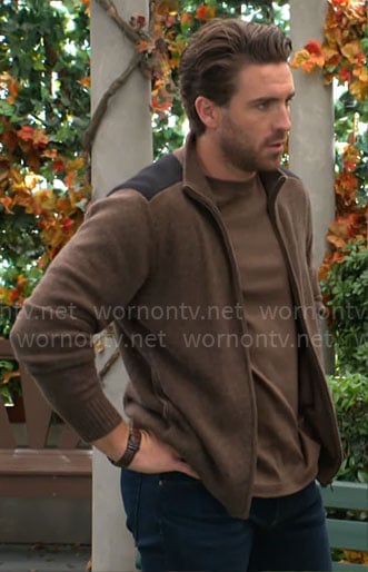 Chance's brown zip up cardigan on The Young and the Restless