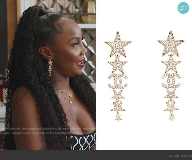 Chanel Crystal CC Star Long Drop Earrings Gold worn by Jassi Rideaux on The Real Housewives of Potomac