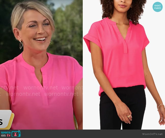 Chaus Split Neck Georgette Blouse in Tropical Pink worn by Jamie Yuccas on CBS Mornings