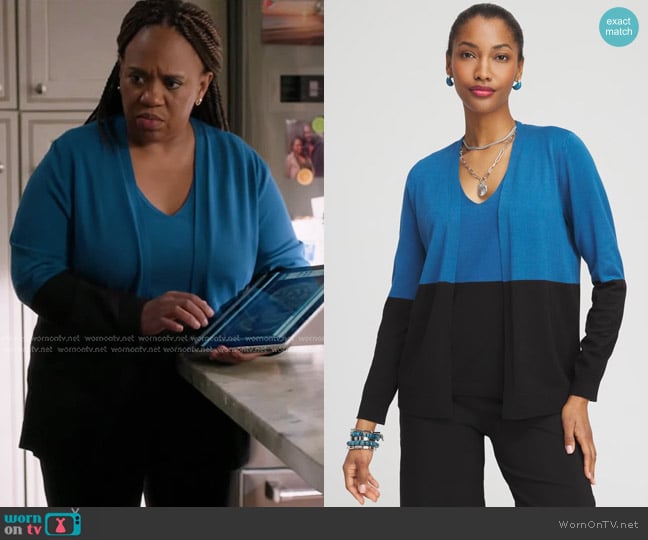 Miranda’s blue and black colorblock cardigan on Greys Anatomy