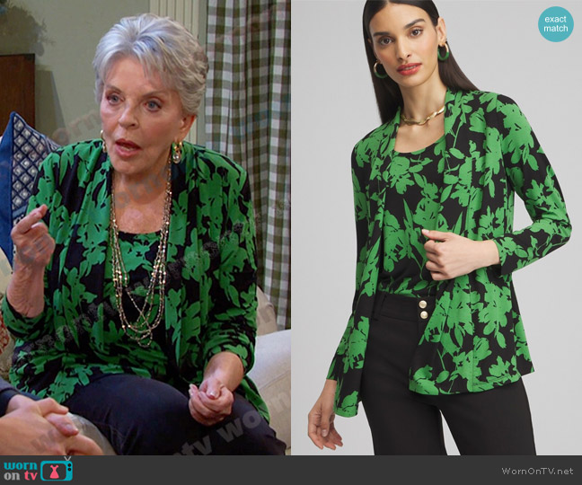 Chico's Touch of Coo Floral Easy Cardigan in Verdant Green worn by Julie Olson Williams (Susan Seaforth Hayes) on Days of our Lives