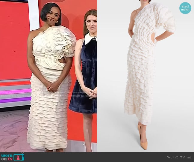 Chloe One-Shoulder Long Fitted Dress With Knit Ruffles in Iconic Milk worn by Nicolette Robinson on Today