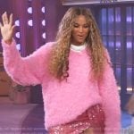 Ciara’s pink mohair sweater and drape sequin mini skirt on The Kelly Clarkson Show