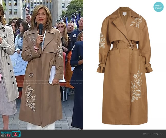 Cinq a Sept Astrid Floral Embroidered Trench Coat in Khaki Silver worn by Hoda Kotb on Today