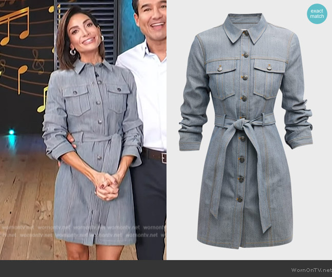 Cinq a Sept Clea Denim Tie-Waist Shirtdress worn by Courtney Lopez on Access Hollywood