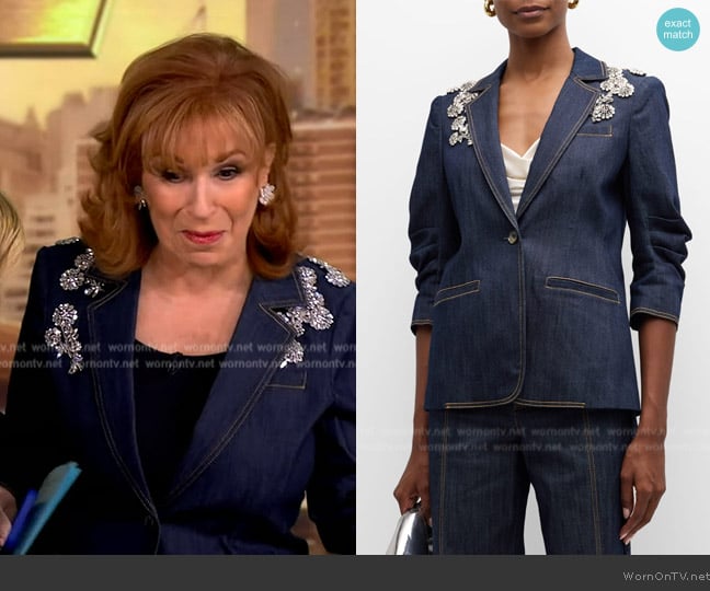 Cinq a Sept Crystal Chrysanthemum Khloe Denim Blazer worn by Joy Behar on The View