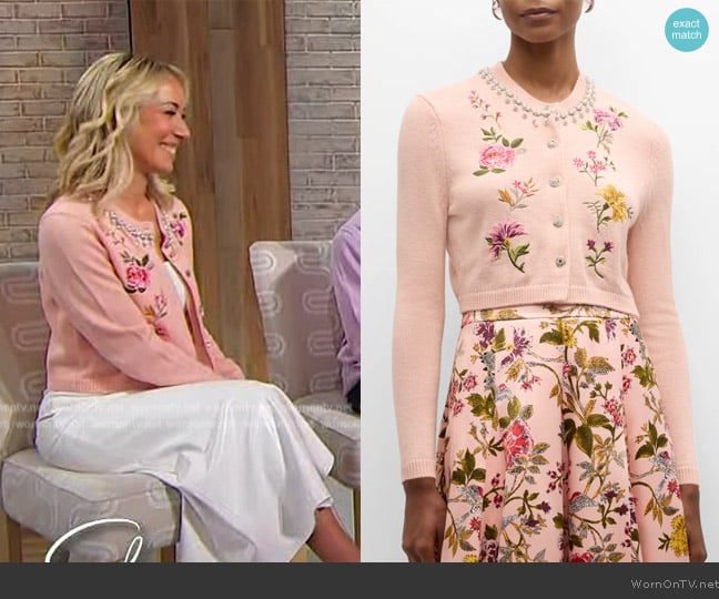 Hilary’s pink floral embroidered cardigan on Sherri