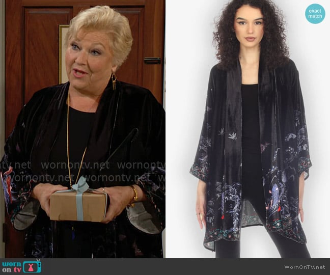 Citron Koi Dragon Bamboo Velvet Kimono worn by Traci Abbott (Beth Maitland) on The Young and the Restless