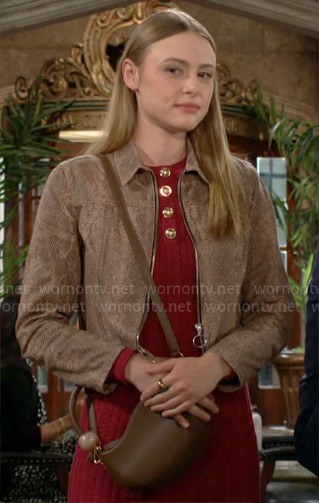 Claire's red sweater dress and snake print jacket on The Young and the Restless