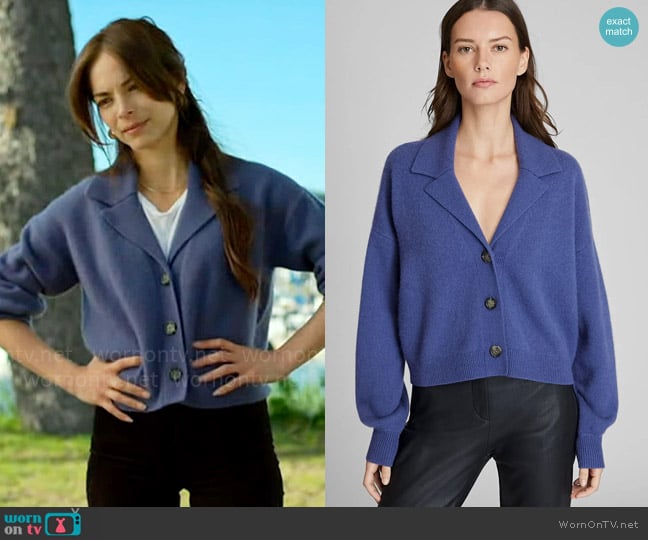 Cassandra’s blue cardigan on Murder in a Small Town