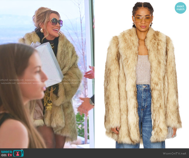 Cultnaked Purrr Faux Fur Coat in beige worn by Heather Gay on The Real Housewives of Salt Lake City