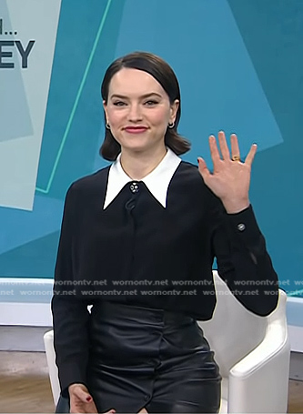 Daisy Ridley's black contrast collar blouse on Today