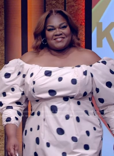 Da'Vine Joy Randolph's white polka dot print dress on Live with Kelly and Mark