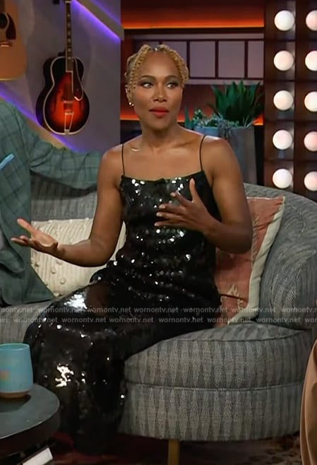 DeWanda Wise's black sequin slip dress on The Kelly Clarkson Show