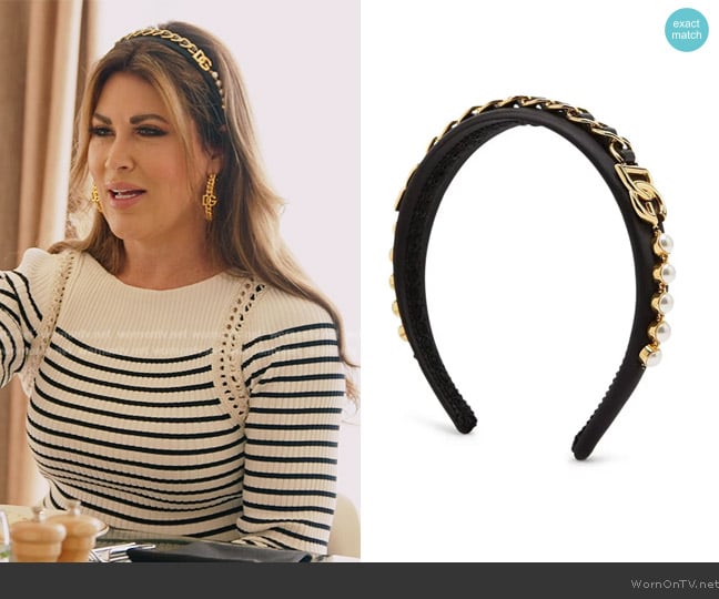 Dolce & Gabbana DG pearl-embellished chain headband worn by Emily Simpson on The Real Housewives of Orange County