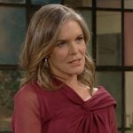 Diane’s burgundy knotted off-shoulder mesh dress on The Young and the Restless