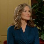 Diane’s teal long sleeved twist front wrap dress on The Young and the Restless