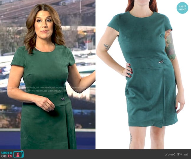 DKNY Faux Suede Panel Dress in Forest Green worn by Heather O’Rourke on Good Morning America