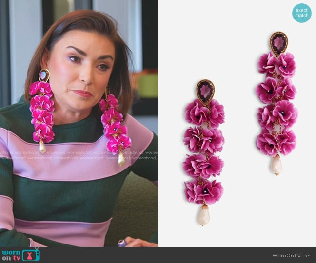 Dolce & Gabbana Drop Earrings With Rhinestone And Fabric Flowers in Pink worn by Bronwyn Newport on The Real Housewives of Salt Lake City