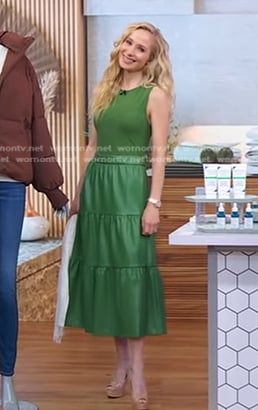 Dr. Whitney Bowe’s green sleeveless leather dress on Good Morning America