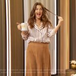 Drew’s striped shirt and suede skirt on The Drew Barrymore Show