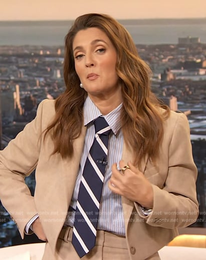 Drew's beige cropped blazer and skirt on The Drew Barrymore Show