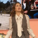 Drew’s white jacquard blouse and grey pinstripe vest on The Drew Barrymore Show