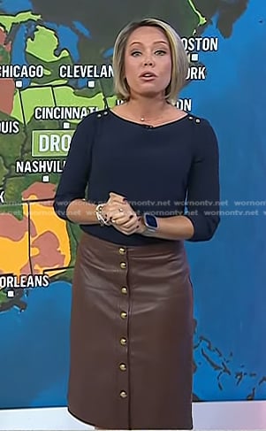 Dylan's navy button shoulder top and brown leather skirt on Today