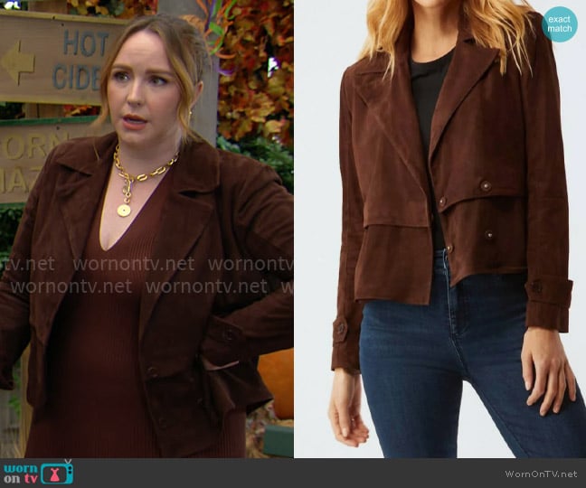 Ecru Suede short trench in chocolate worn by Mariah Copeland (Camryn Grimes) on The Young and the Restless