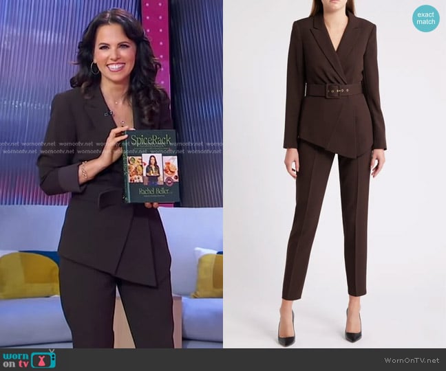 Tahari ASL Belted Asymmetric Jacket and Classic Pants worn by Rachel Beller on Good Morning America